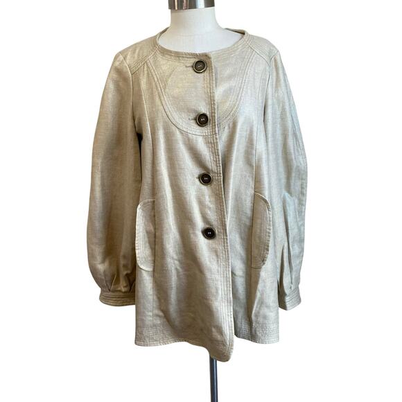 Burberry London Gold Metallic Cotton Linen Collarless Swing Style Jacket Sz 8R - Picture 1 of 11